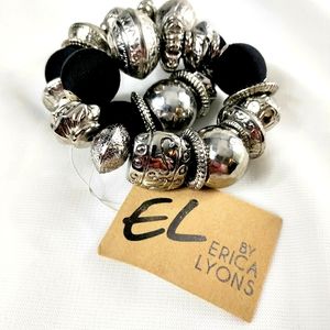 Erica Lyons Chunky Two Pack Silver/Black Stretch Bracelets